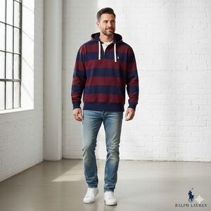Polo Ralph Lauren Hoodie Navy and Burgundy Striped Vintage